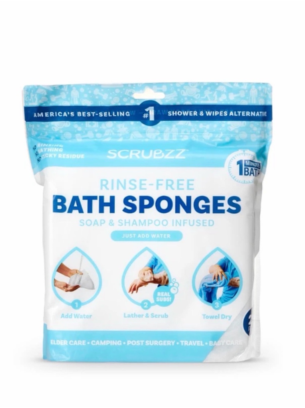 Scrubzz No Rinse Bathing Wipes 25 Pack Disposable Shower Sponges Travel Care